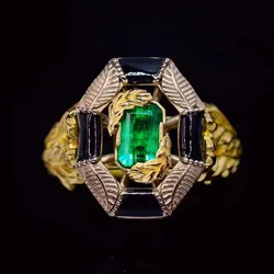 Foydjew French Style Women Retro Gold Color Oak Leaf Black Enamel Rings Edward Architectural Aesthetics Simulation Emerald Ring