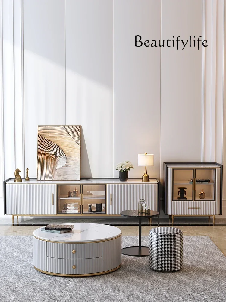 

N Light Luxury Coffee Table TV Cabinet Combination Marble Floor Cabinet Suit Imported Stone Plate round Tea Table