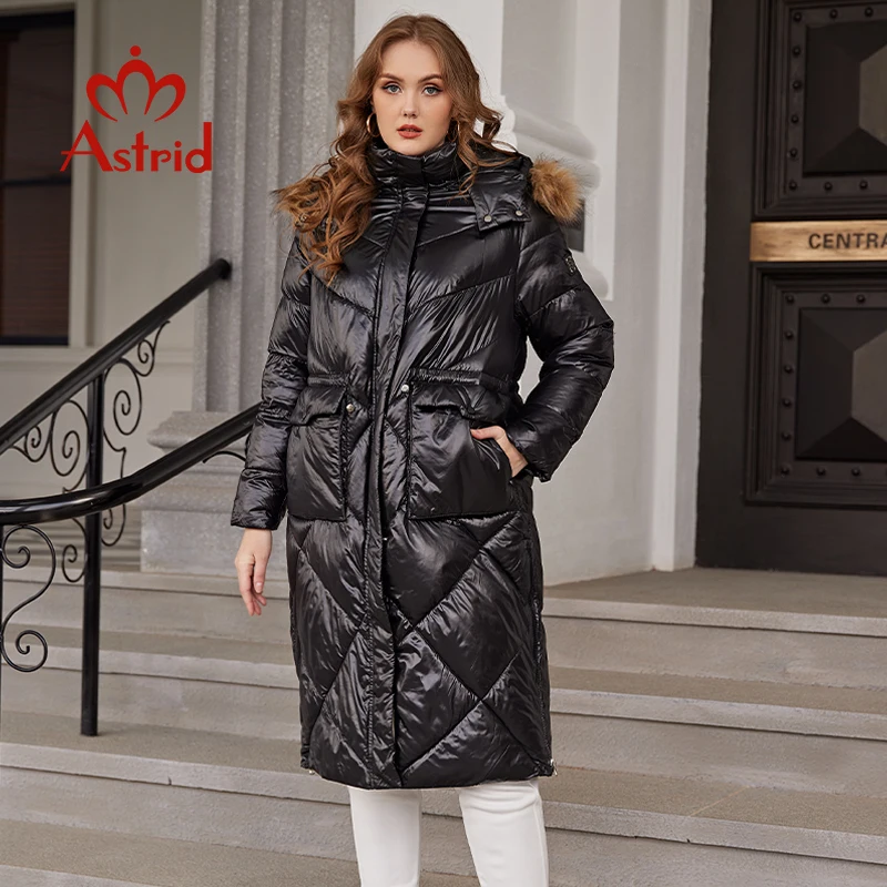 

Astrid Winter Women's Parkas Fashion Quilted Jacket Oversize Hooded Natural Fur Collar Bio Fluff Hight Quality Female Clothing