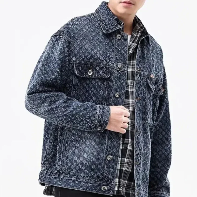 Denim Jackets Man Cargo Aesthetic Jeans Coat for Men Blue Wide Shoulders Vintage Winter 2023 Worn on Board Designer Large Size L