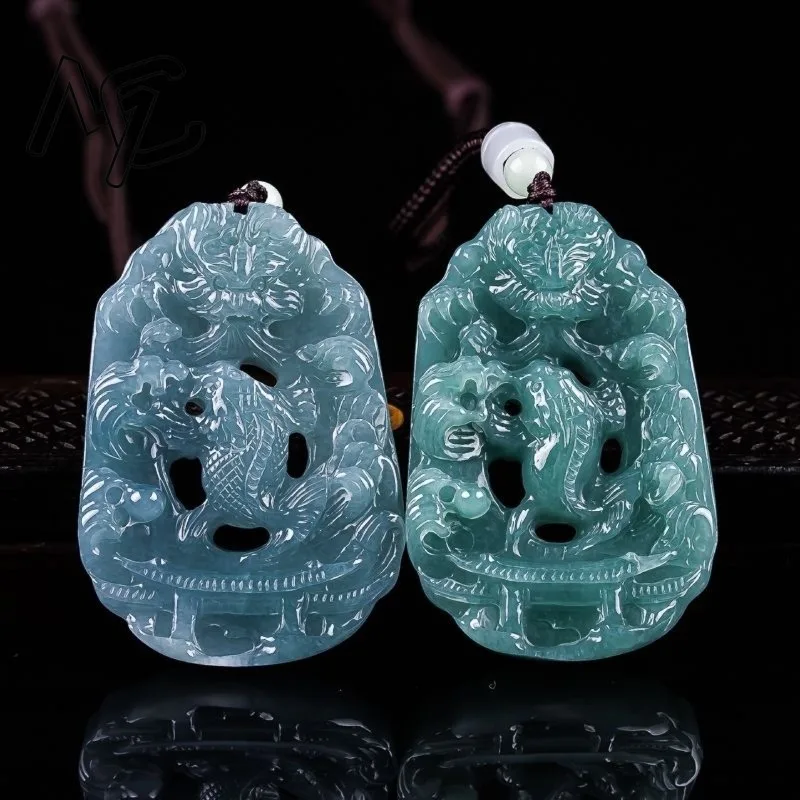 Natural Emerald Blue Water Carp Cross Over Dragon Gate Pendant Necklace Carved Charm Jadeite Jewelry Fashion Gifts Certificate