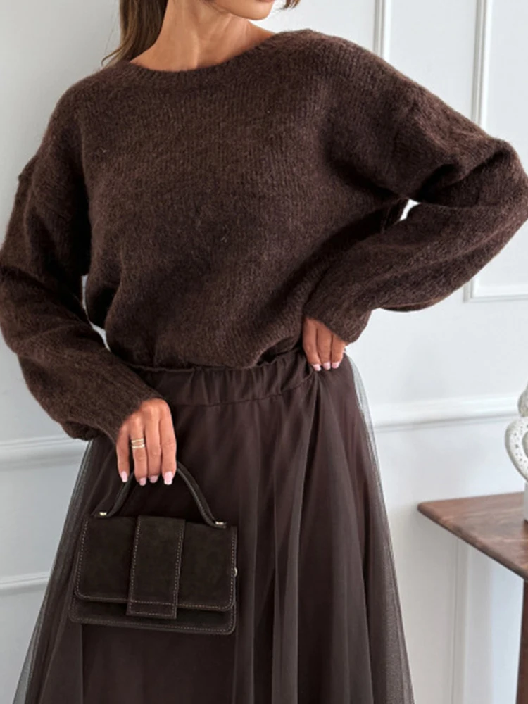 

Sexy Backless Bow Hollow Out Sweaters Tops Autumn Winter Casual Solid Color Pullover Knitted Women Elegant Loose O-neck Jumpers