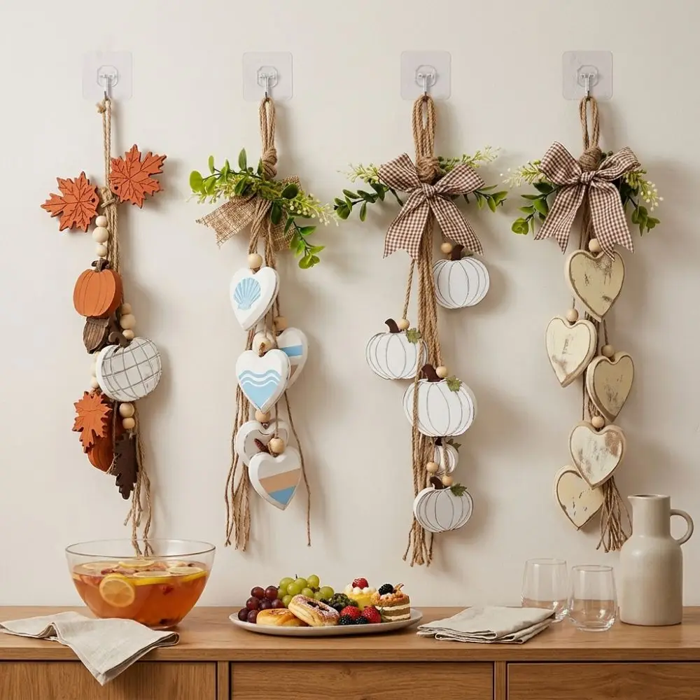 Rustic Farmhouse Wooden Heart Wall Hanging Distressed Nautical Style Heart String Pendant Eucalyptus Bow Fall Maple Leaf