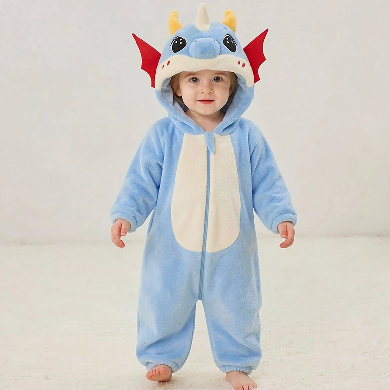 Halloween Winter Baby Clothes Fluffy Warm Jumpsuits Cute Flying Dragon Costume Hooded Onesie Romper Baby Boy Girl Clothes Outfit