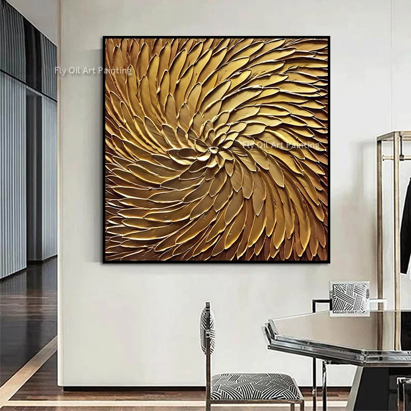 Square Golden Bloom Texture Artwork, Handcrafted Heavy Impasto Wall Painting, High-End Home Decor