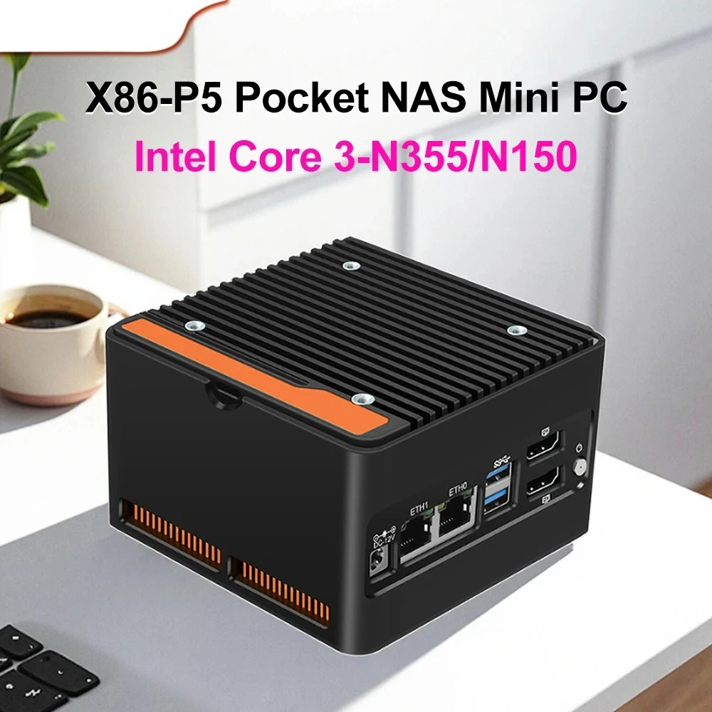 X86-P5 미니 PC 보드 인텔 N150/N305/3-N355 2개의 i226-V 2.5G LAN DDR5 RAM 4개의 M.2 NVMe 방화벽/라우터/NAS 포켓 사이즈 컴퓨터