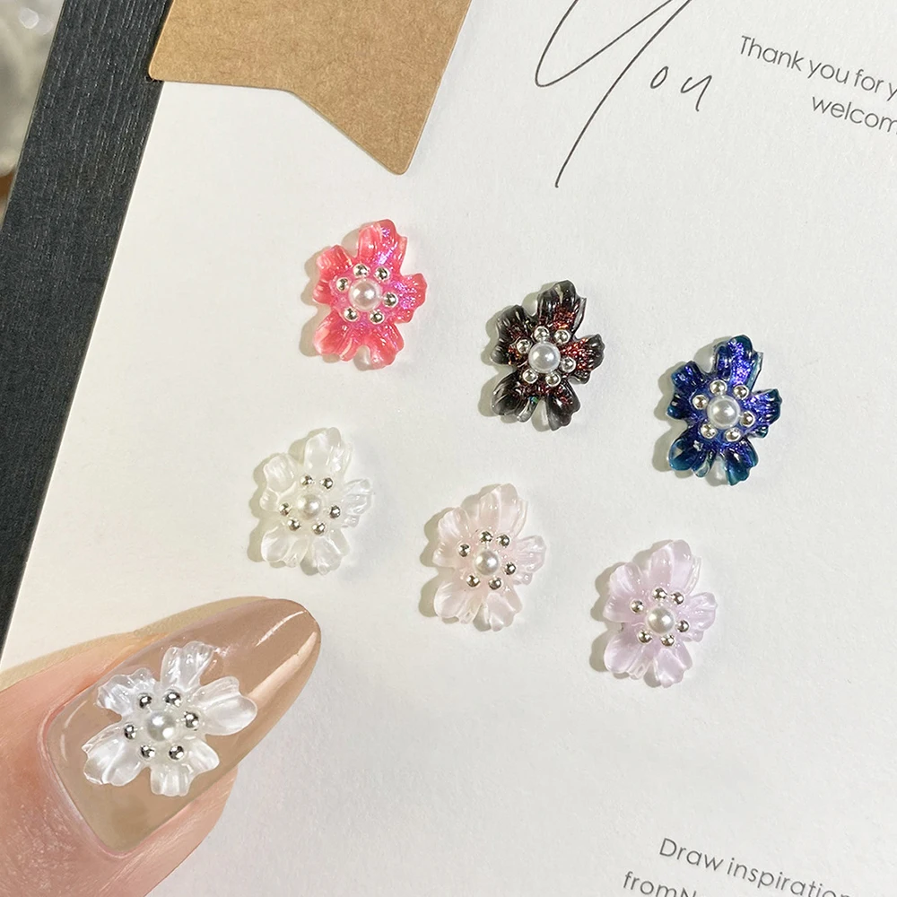 20Pcs Transparent Five Petaled Flower Pearl Nail Charm Diy Clothing Wedding Dress Hat Bag Phone Case Decorative Christmas Gift