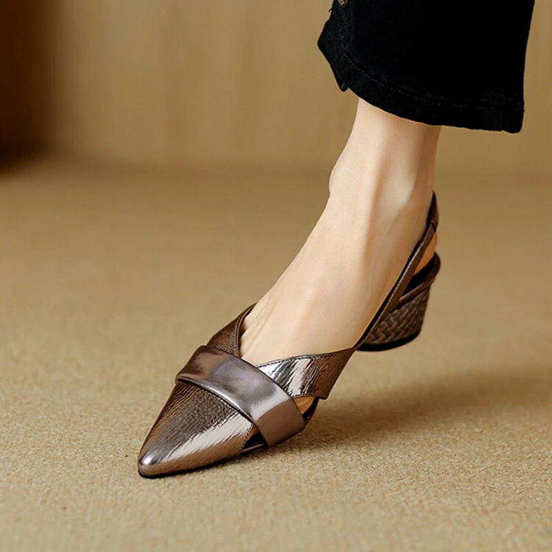 NEW Summer Women Sandals Genuine Leather Shoes for Women Cover Toe Slingback Shoes Narrow Band Pointed Toe Low Heel Women Shoes