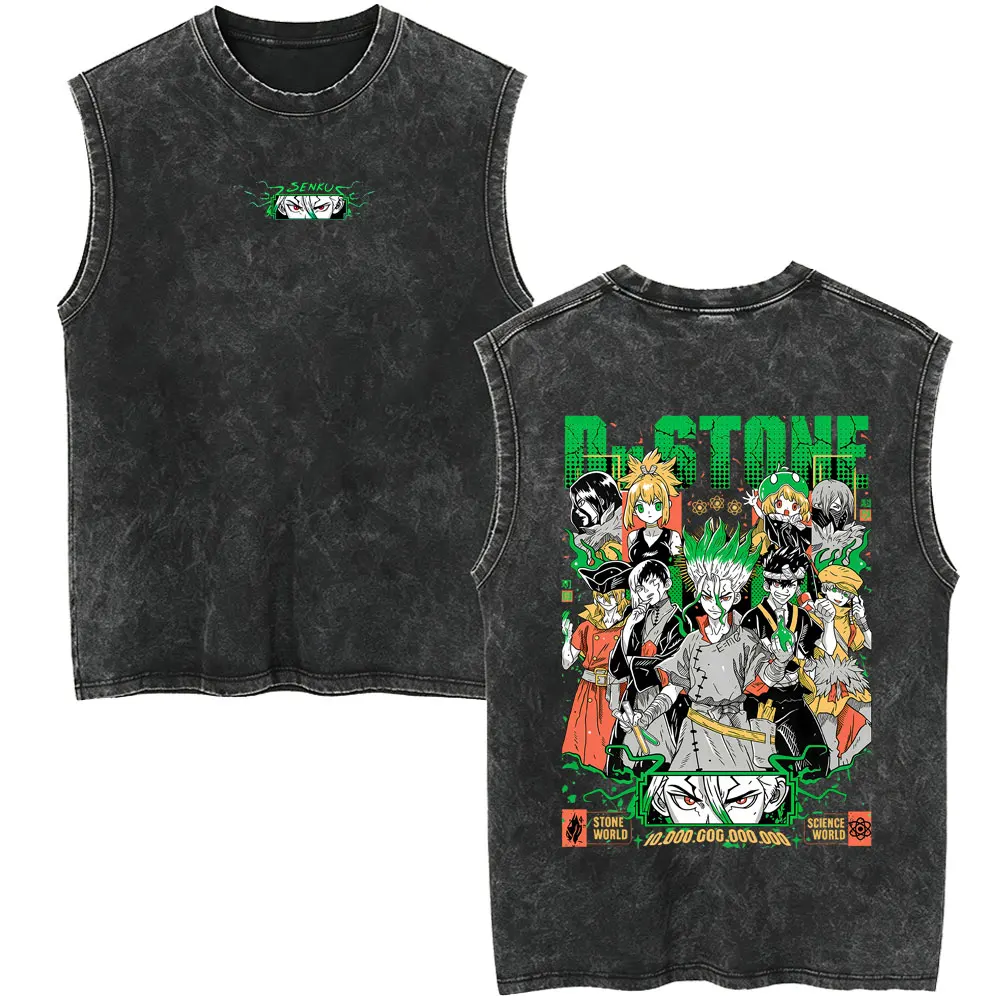 Anime Dr. Stone Washed Vintage Tank Tops Manga Senku Ishigami Graphic T-shirt Men Women Clothing Fashion Casual Sleeveless Vest