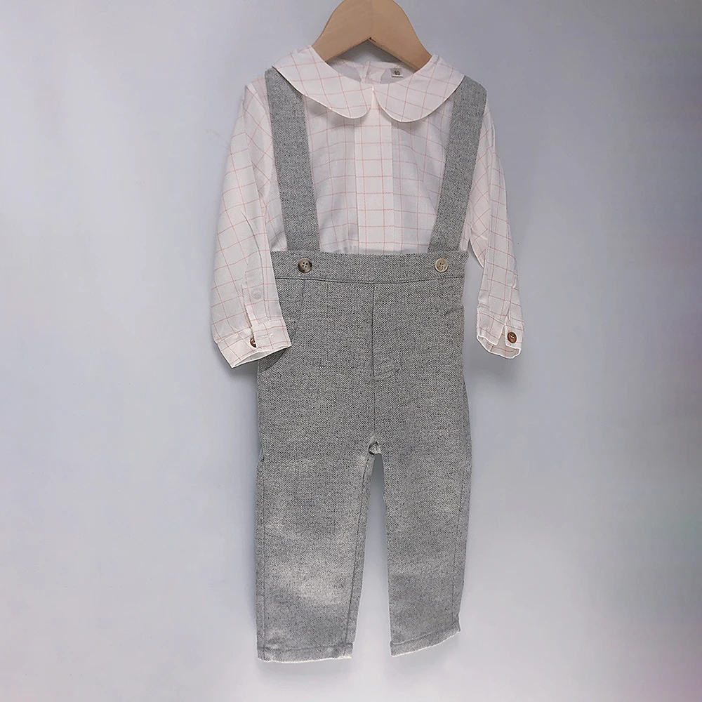 Boy Grey Wool Strap Trousers Set  Cotton White Plaid Shirt Long Sleeves Winter British Birthday Eid Clothes Children Boutique