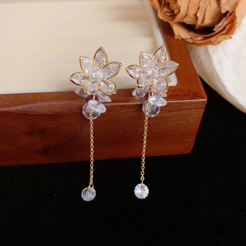 Light Luxury 925 Needle Full Zircon Flower Chain Tassel Drop Earrings For Women Party Bohemian Elegant Fashion Jewelry