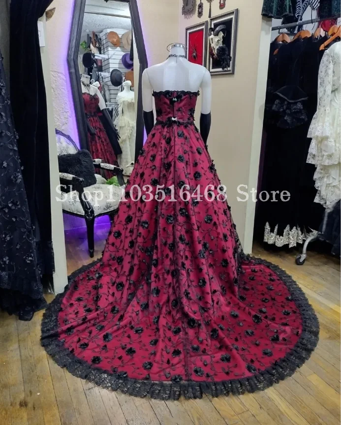 Burgundy Gothic Victorian Wedding Dress Vintage Floral Applique Sheath A-Line Long Medieval Customised Wedding Dress vestidos