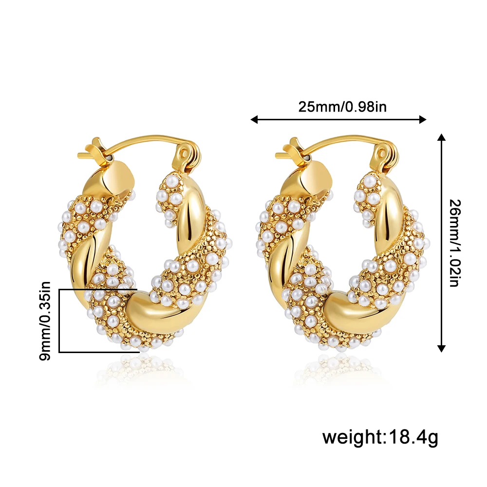 Luxury Paved Pearl CZ Zircon Hoop Earrings Gold Plated Stainless Steel Geometric Twist Circle Ear Buckle Fashion Women\'s Jewelry