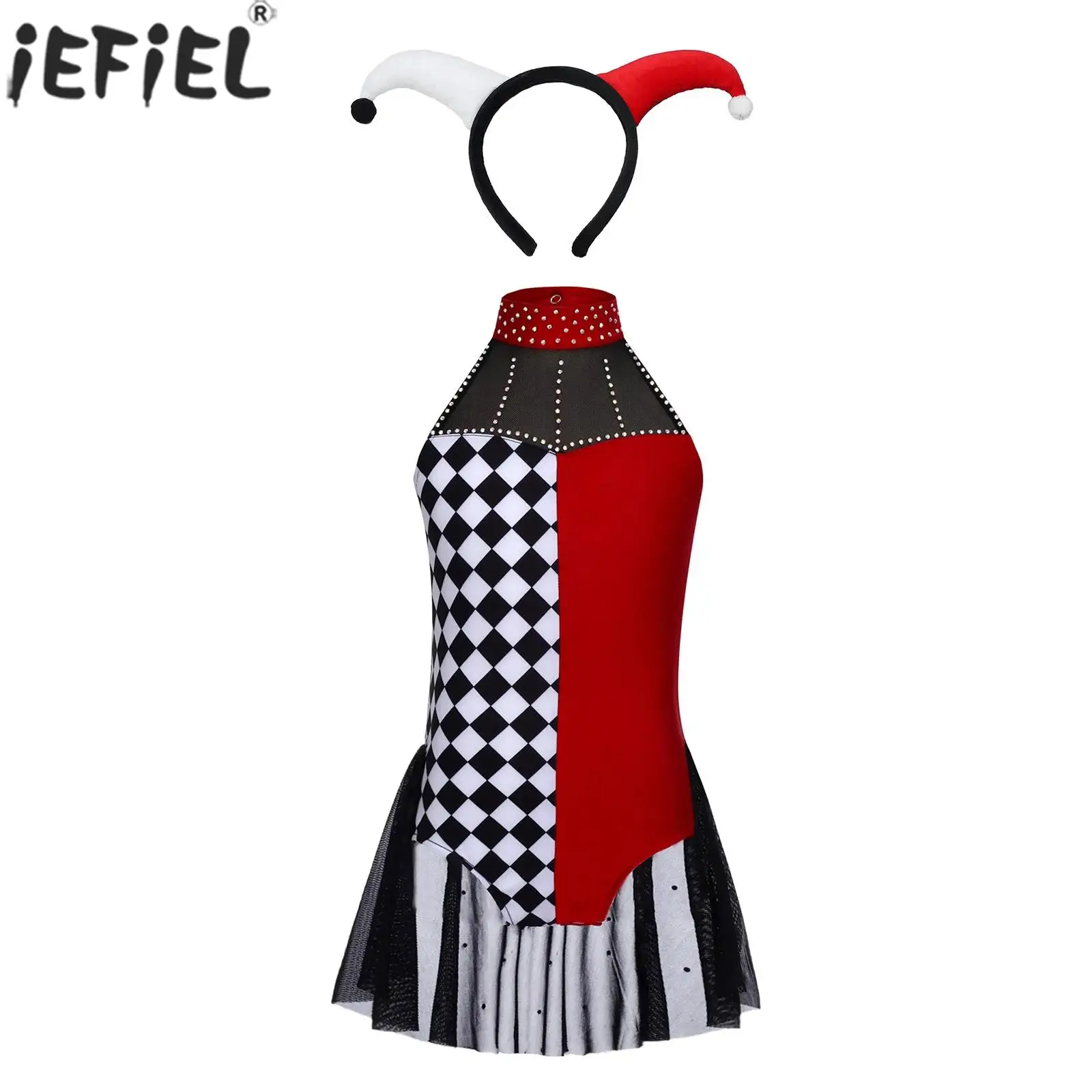 Kids Girl Circus Clown Cosplay Performance Costume Sleeveless Rhinestone Mesh Leotard Dress with Headwear for Halloween Carnival