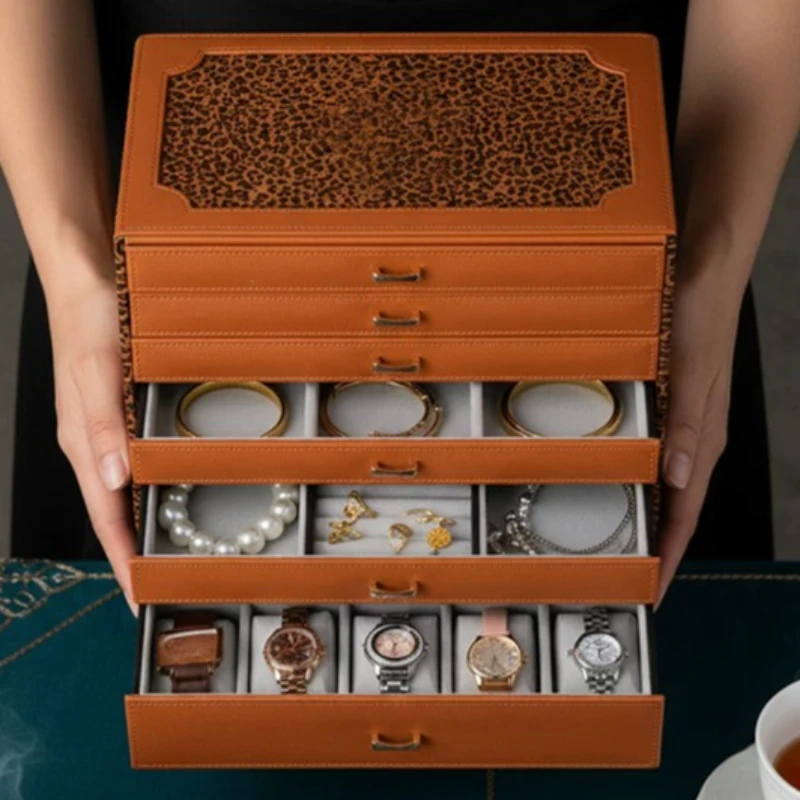 Leopard Pattern Jewelry Box Multi-layer Drawer Bangles Necklace Storage Boxes Large Capacity Jewellery Cases Earrings Organizer