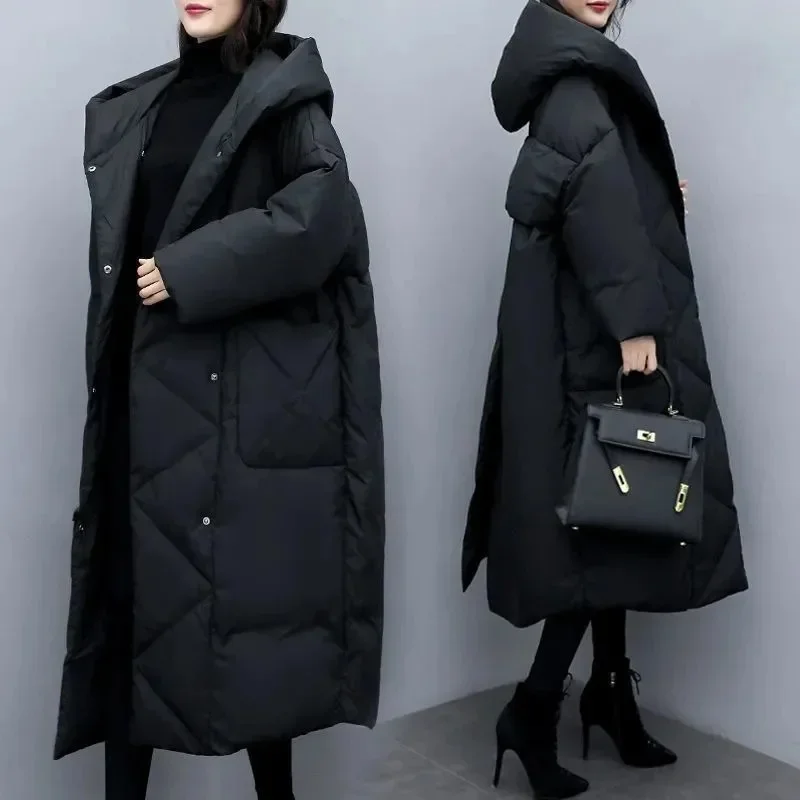 2022Winter New Women Fashion Korean Loose Mid-length Section The Knee Coat Fashion Black Down Cotton Jacket Female Thick A823