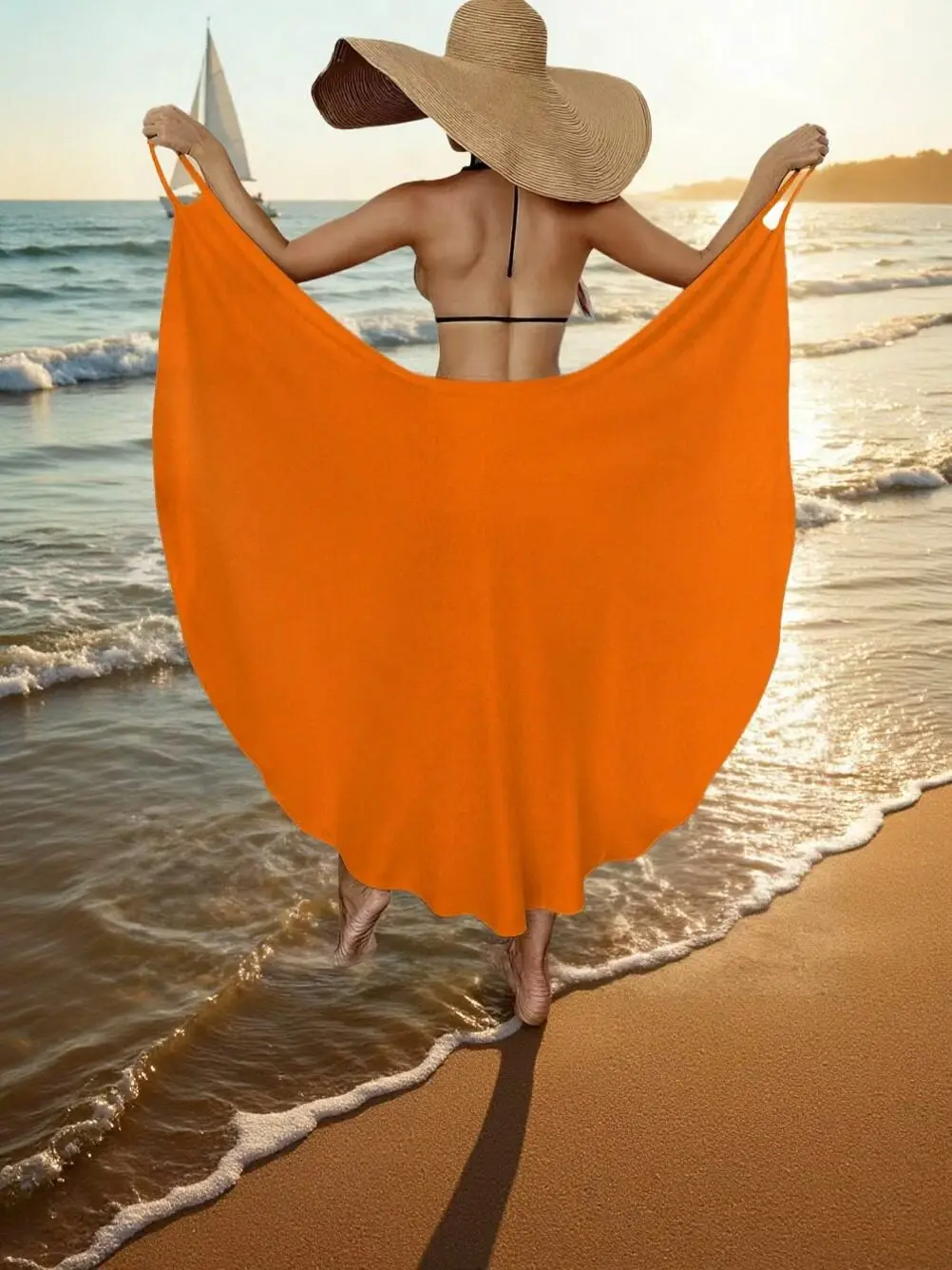 

Women's Cover-Up Beach Vacation Off-The-Shoulder Dress, Orange Strapless Backless Summer Beachwear, Pool Beach Outfit, Wrap Dress, Strap Dress