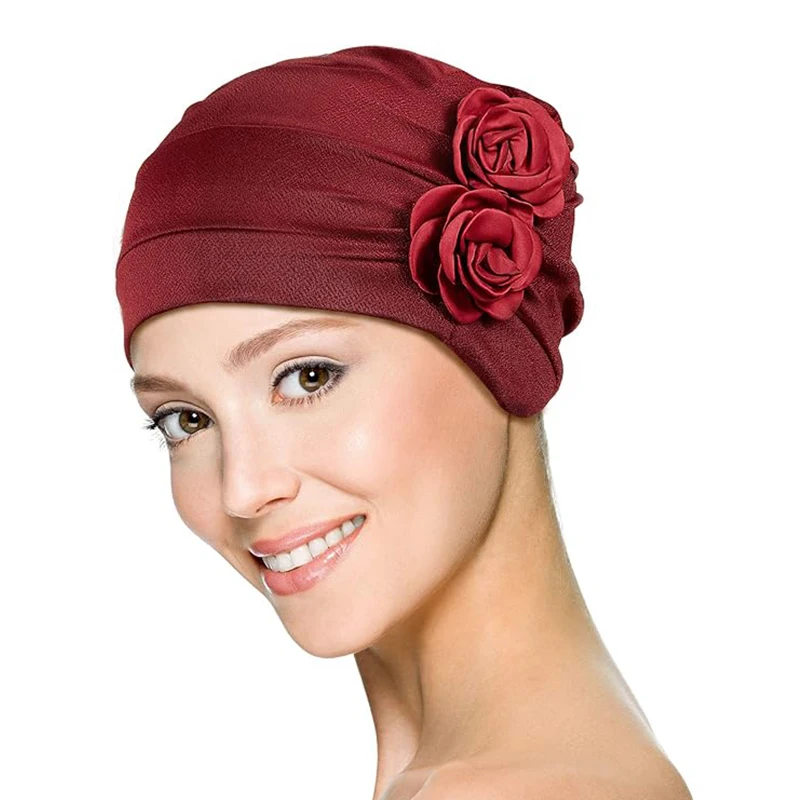 New Women Solid Colors Flower Decro Turban Cap Beanies Muslim Hijab Soft Head Cover Hair Loss Cancer Chemo Hat Islamic Head Wrap