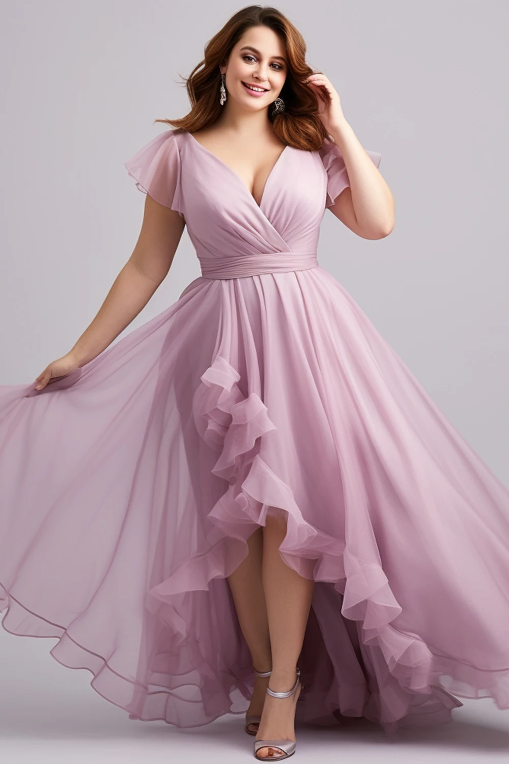 Flycurvy Vestido largo con dobladillo alto y bajo con volantes y malla rosa para invitados de boda de talla grande