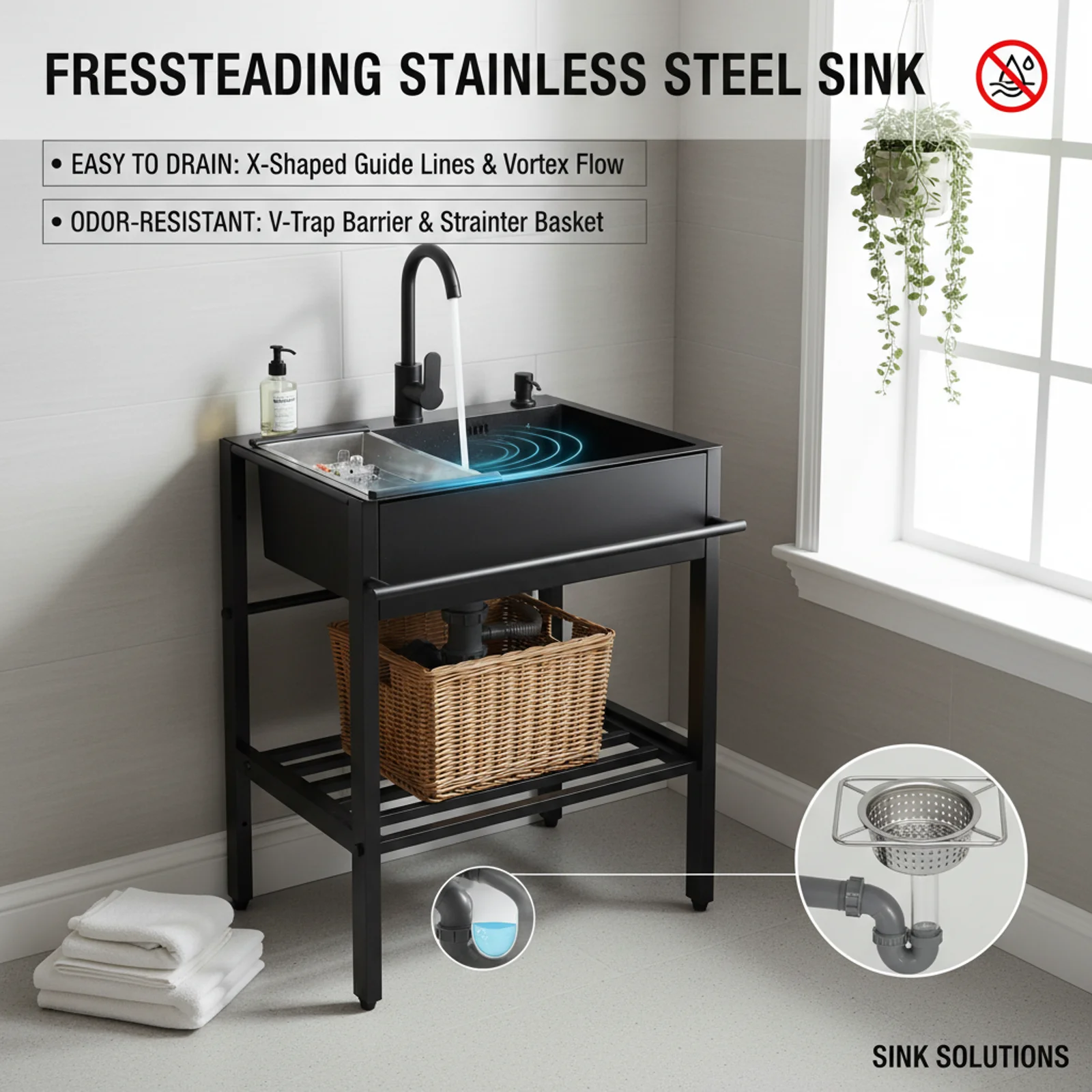 

Отдельностоящая кухонная мойка из нержавеющей стали 360 ° Смеситель для кухонной мойки с горячей и холодной водой, полный комплект, X-образные направляющие для воды