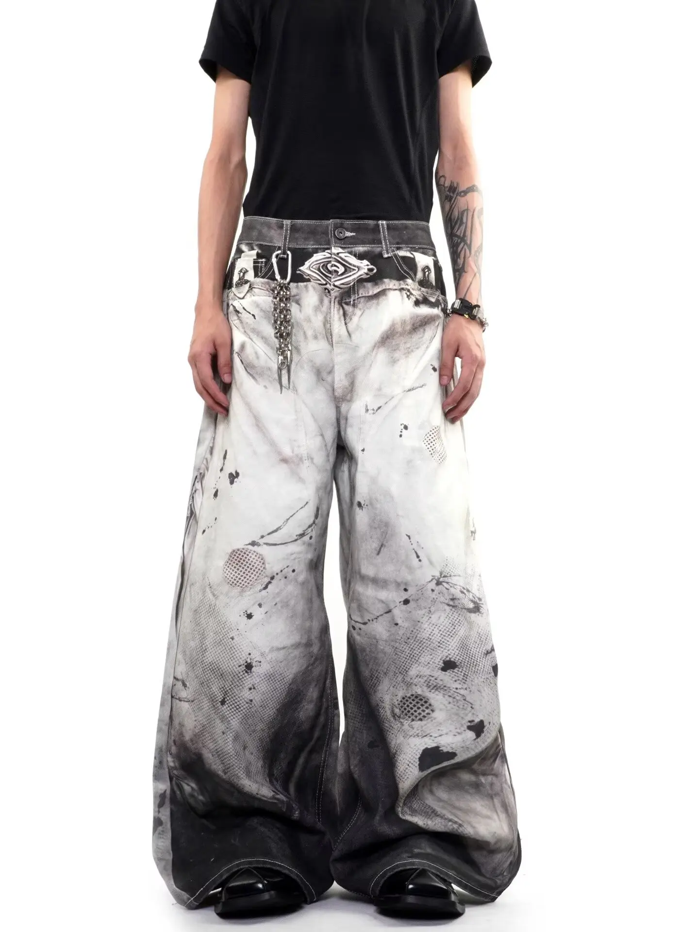 American New Fashion Oversized Pattern Printed Washed Jeans Men Y2K Gothic Rock Popular Casual Joker High Waist Wide Leg Pants