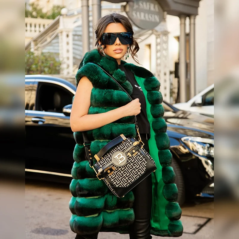 Natural Rex Rabbit Fur Coat Women Autumn Winter New Luxury Thicken Hooded Outertwear Green Casual Real Rex Rabbit Vest Female