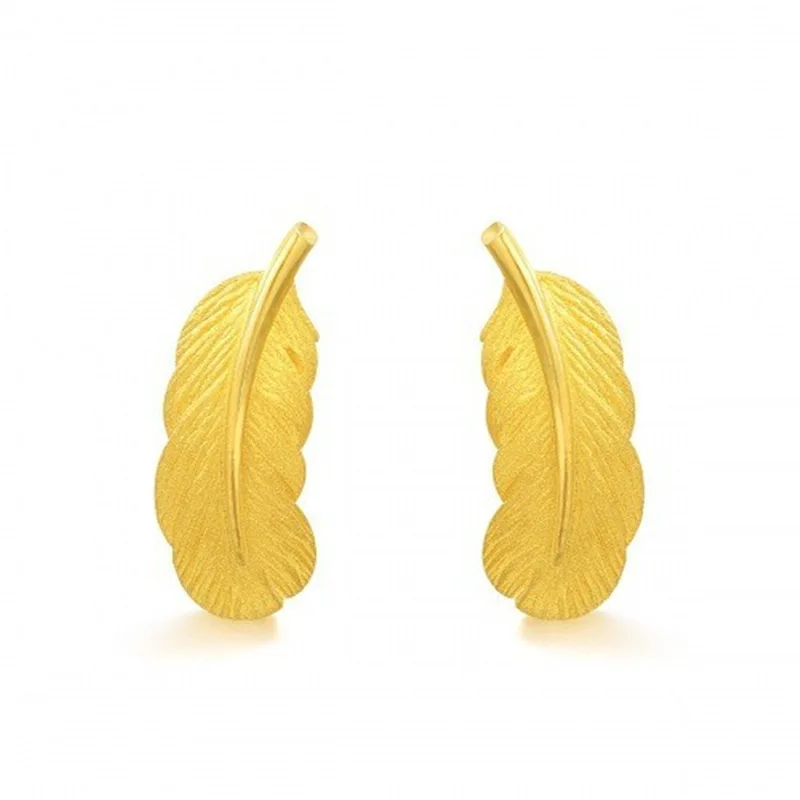 Gold 24k pure gold French niche feather shape earrings for women AU999 real gold high-end leaf earrings elegant