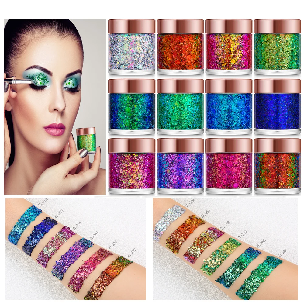 12 Colors Cosmetic Glossy Shiny Sequins Chunky Glitter Chameleon Face Body Gel Glitter Stage Makeup Friendly For Kids