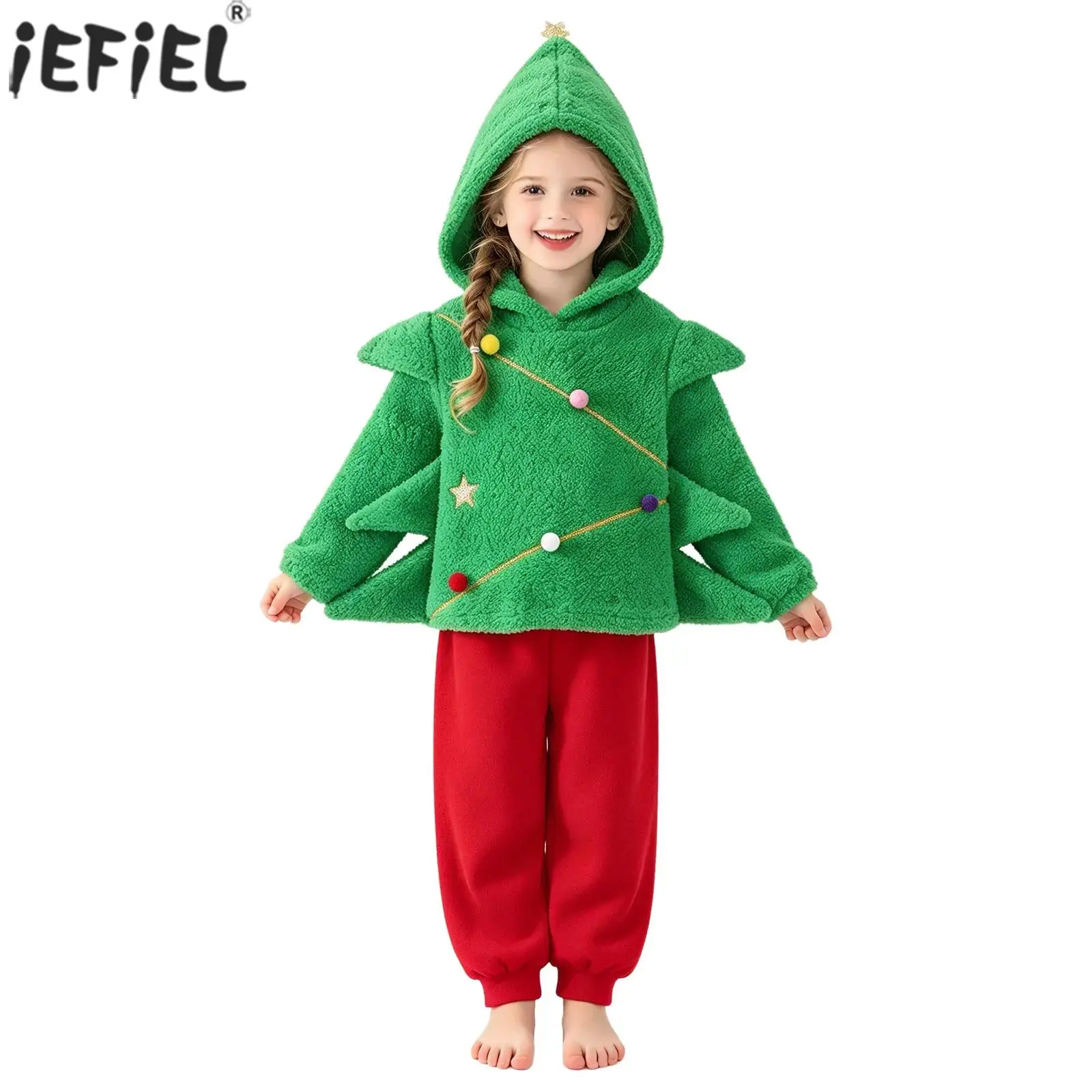 Kids Christmas Tree Costume Fleece Long Sleeve Colorful Pom Pom Hoodie Top with Pants for Holiday Xmas Party Cosplay Dress Up
