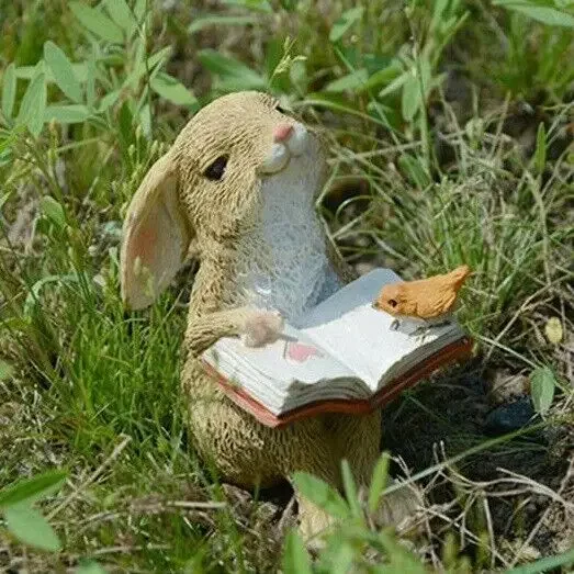 Reading Bunny Rabbit Statue Garden Sculpture Tabletop Figurine Home Decor Gifts