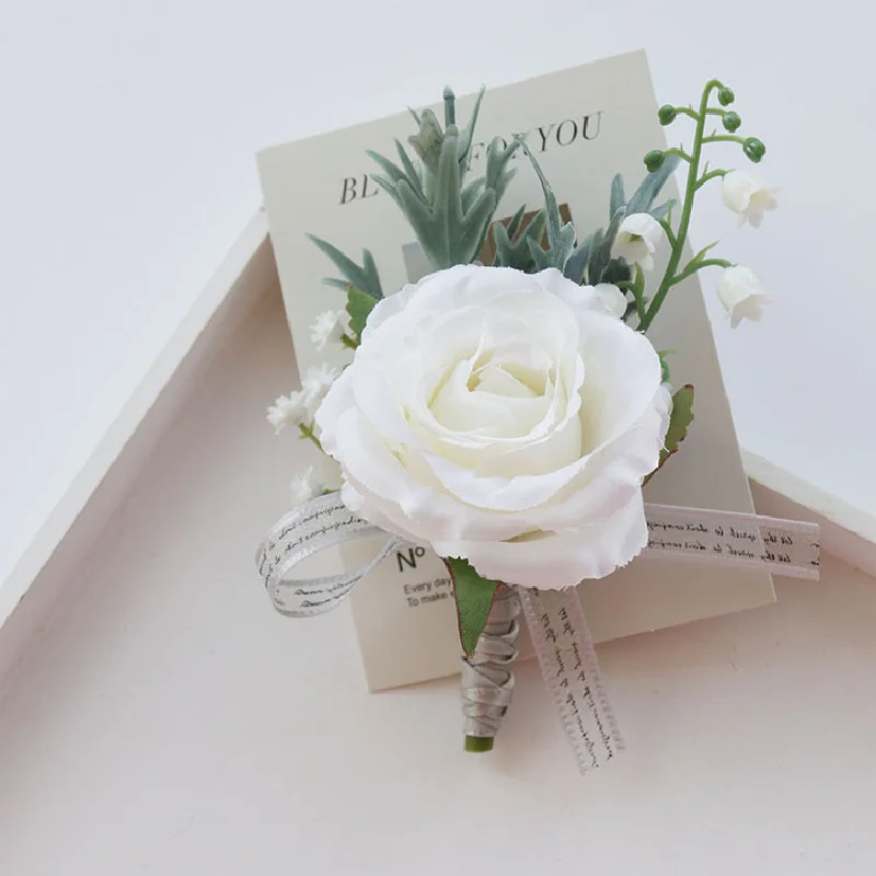 Boutonnière et corsage de poignet pour mariage, art floral, réunion d'affaires, invités d'ouverture, gris, blanc, forêt, série 482