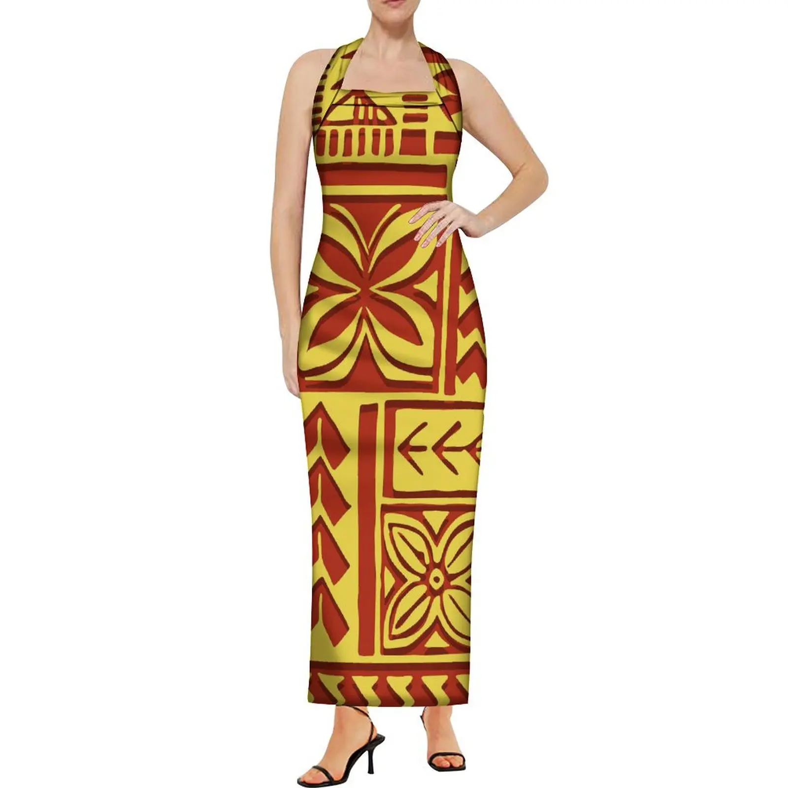 Polynesian Floral Print Summer Quality Fabric Custom Women'S Long Skirt Sleeveless Halter Strap Dress Men'S Shirt Couple Clothin