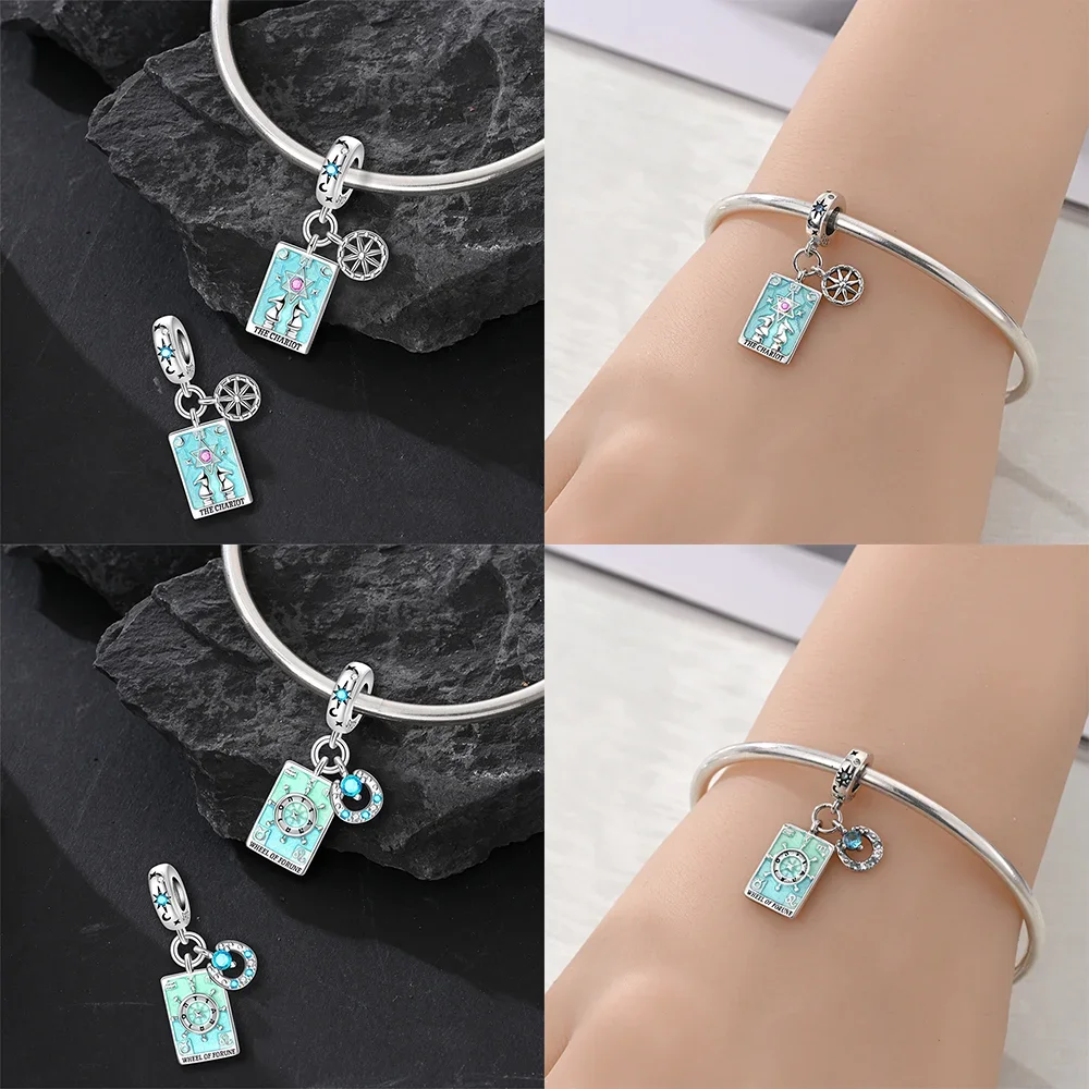 925 Sterling Silver Pink Tarot Card Charms Beads Fit Original Bracelets Bag Keychain Charms Beads Pendant Diy Women Jewelry Gift