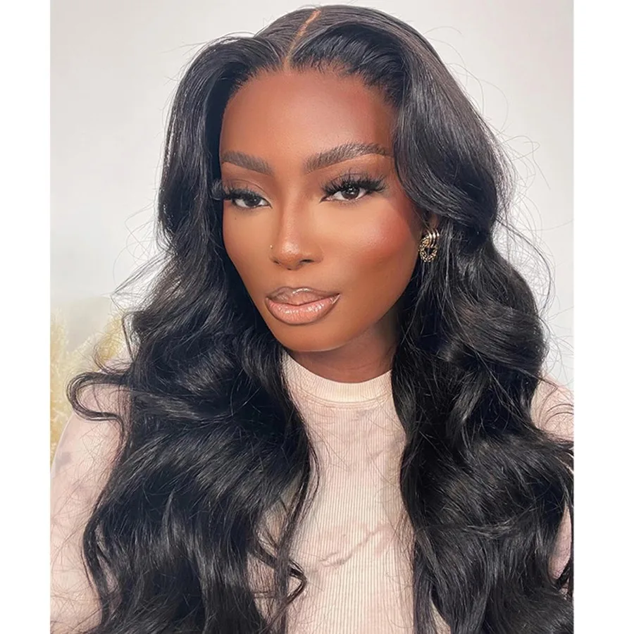 باروكة صناعية سوداء مقاس 28 بوصة للنساء مع الجزء الأوسط وخط شعر من الدانتيل الأمامي، تصميم مقاوم للحرارة مثالي لـ D #3