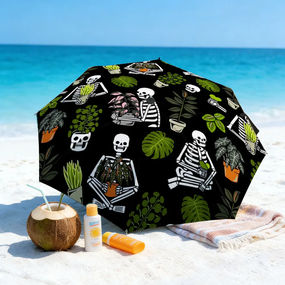 1PC Skeletons and Greenery Patterned Umbrella for Outdoors Print 8 Iron Ribs Folding Umbrella Auto-Open Fashion Sunshade