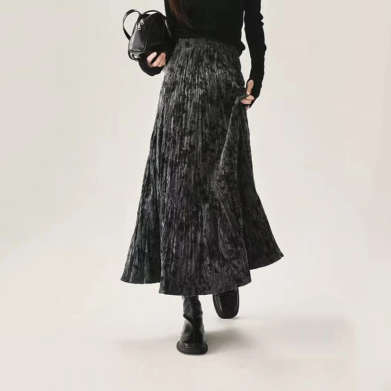 Koreanische Chic Falten Midi Rock Frau Herbst Hohe Taille Tie Dye Casual Rock Y2K Winter Elegante Büro Dame Alle Spiel EINE Linie rock