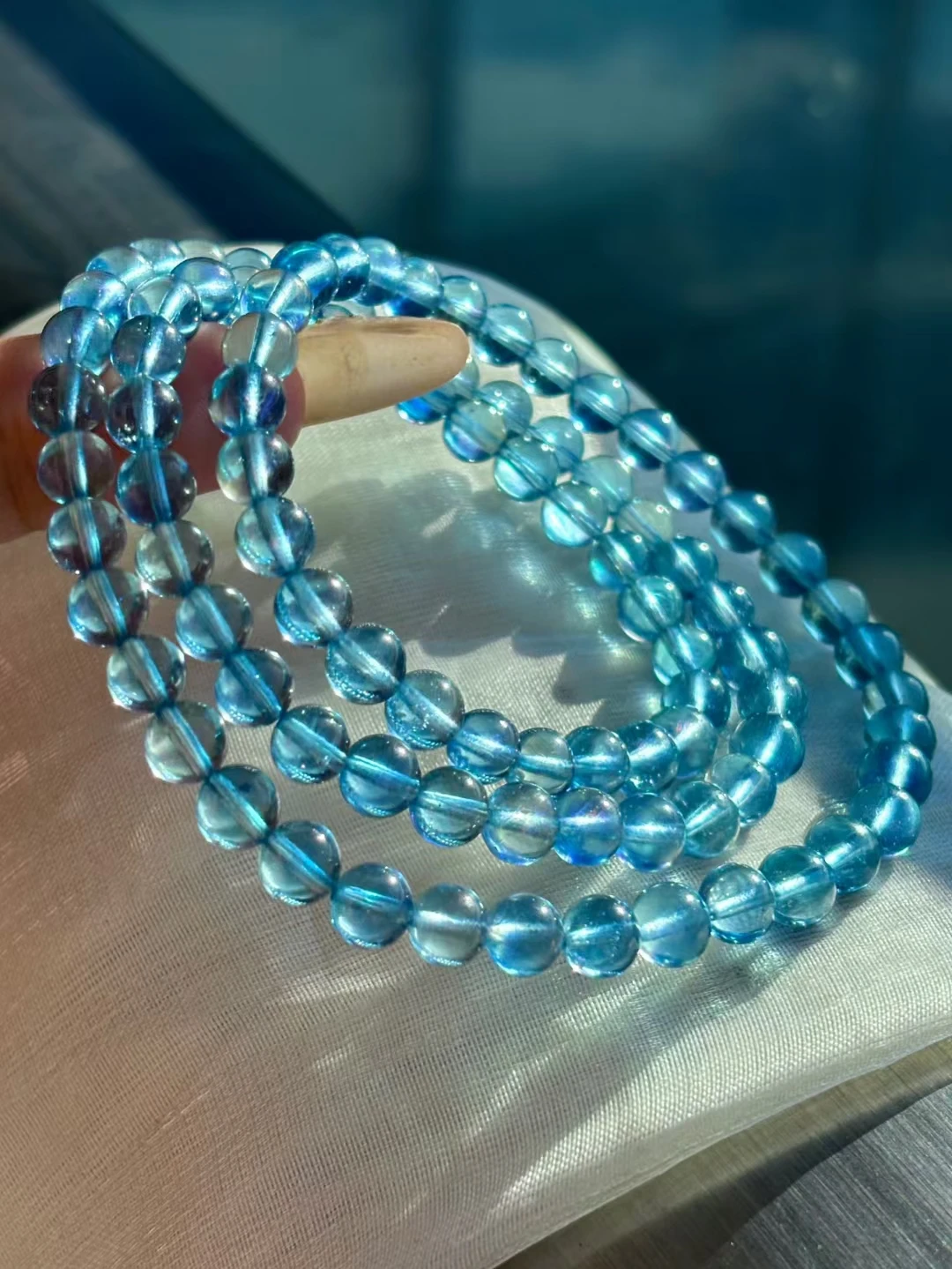 Natural Blue Aquamarine Quartz 3 Laps Bracelet Clear Round Beads 6.2mm Gemstone Wealthy Stone For Women Men AAAAAAA