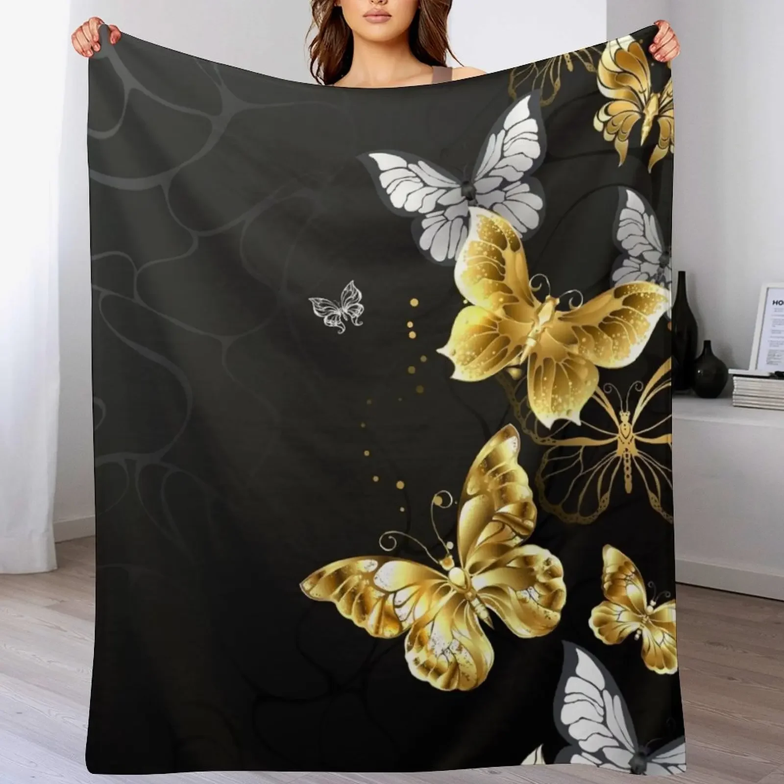 

Gold and White Butterflies Throw Blanket Blankets For Bed Luxury Designer Blankets