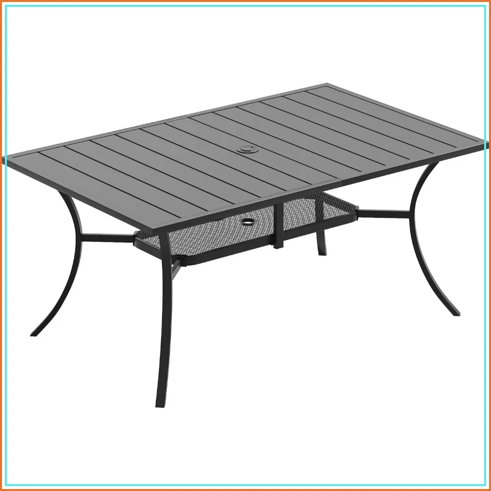 59 inch Patio Table with Umbrella Hole, Outdoor Dining Table for 6