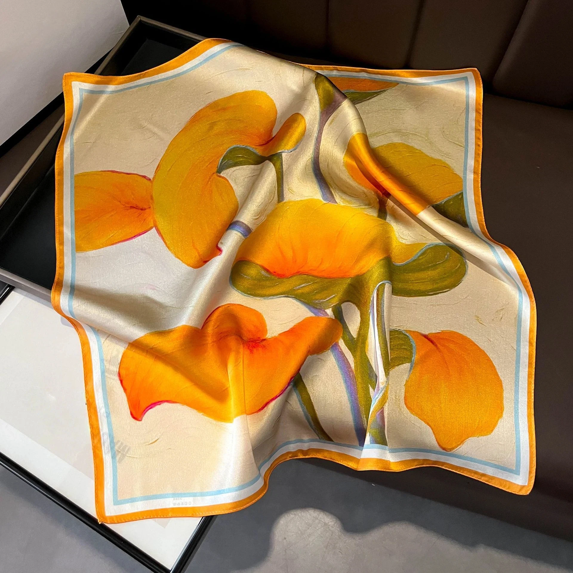 

100% Silk Handkerchief Woman Autumn Elegant Orange Leaf Pattern Square Scarf Ladies Small Square Bandana 53X53cm