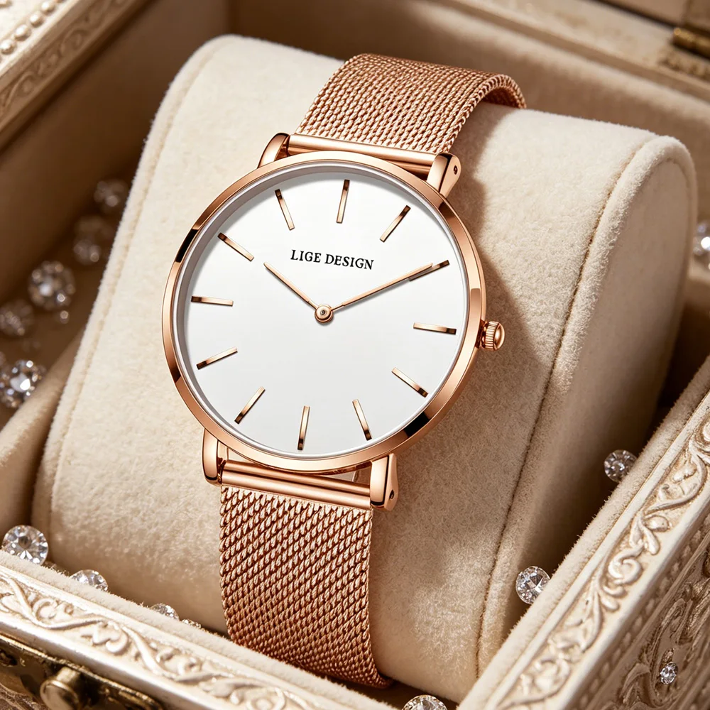 LIGE Women's Watches Simple Fashion Oirginal Wristwatch for Female Stainless Steel Mesh Strap Waterproof Luminous Reloj
