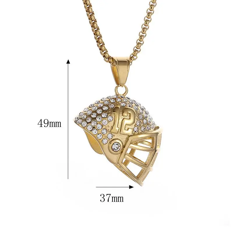 Hip Hop Bling Iced Out Stainless Steel Rugby American Football Helmet Pendants Necklace for Men Rapper Jewelry Gold Silver Color