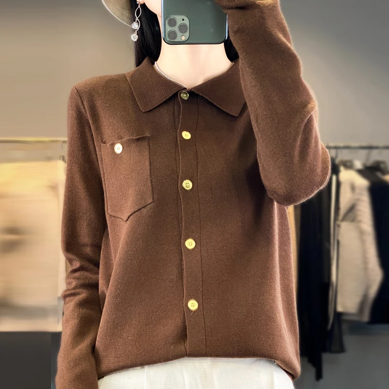 Autumn Winter New Wool Cardigan Women's Polo Neck Long Sleeve Solid Lmitation Wool Loose Pocket Small Fragrance Knitted Cardigan