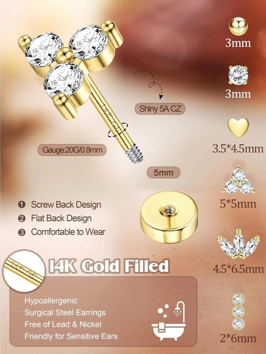 FASACCO Studs Earrings Set 14K - Tragus Flat Back 评论和价格