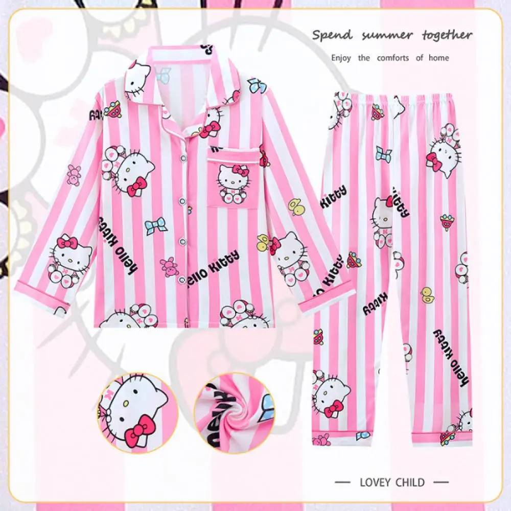 Anime Sanrios Girls Cardigan Kids Pajamas Kuromi Cinnamoroll Spring Flip Collar Long-Sleeved Cartoon Cute Printing Homewear Suit