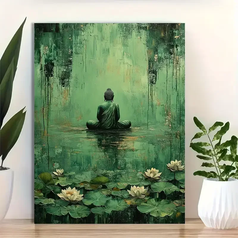 Green Tranquil Meditation Buddha Statue Poster and Prints Abstract Canvas Painting Wall Art Picture for Living Room Home Decor