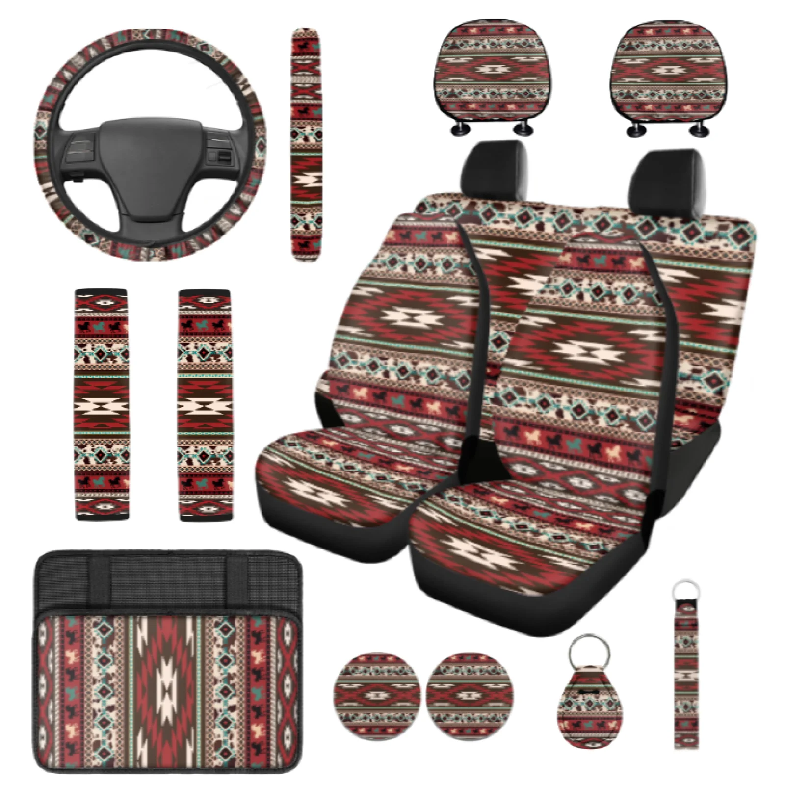 Coloranimal Southwestern 14 Pcs Car Seat Covers Sets with Comfortable Cars Headrest Cover and Auto Cup Coaster for Car Interior
