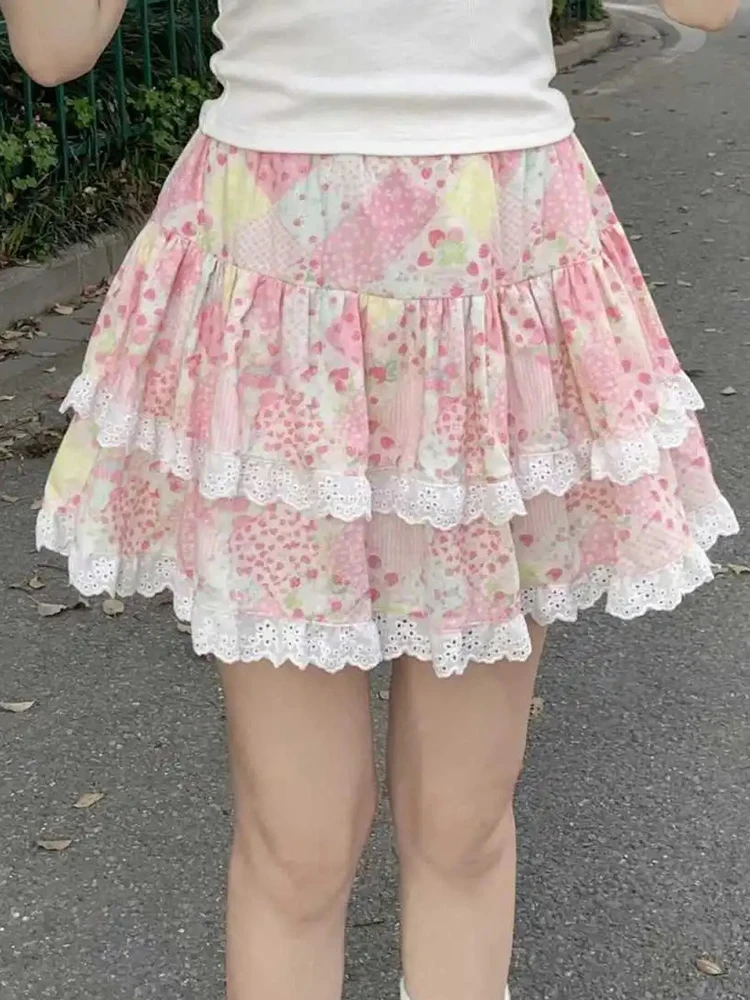 Zoki Retro Floral Cute Skirts Women High Waist Sweet Japan Mini Skirt Casual Lace Patchwork Vintage Female Elegant Kawaii Skirt