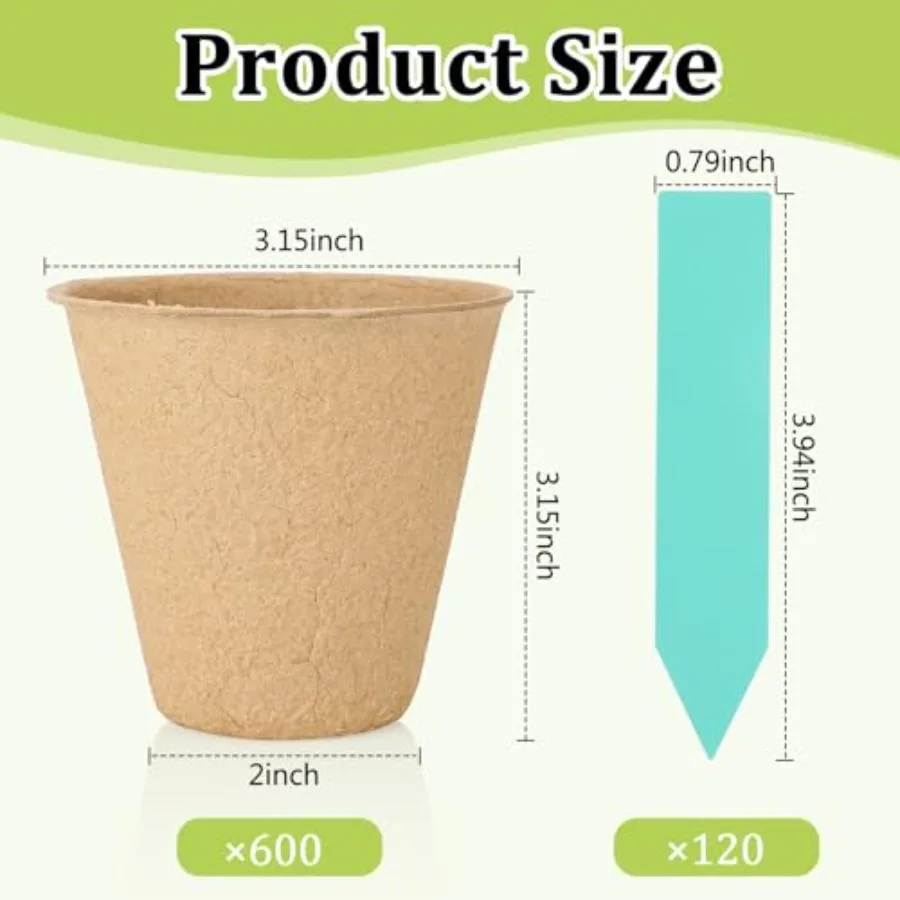 Garden germination: peat pots, brown, biodegradable, 600-pack, 3.15-inch round starter pots with 120 labels