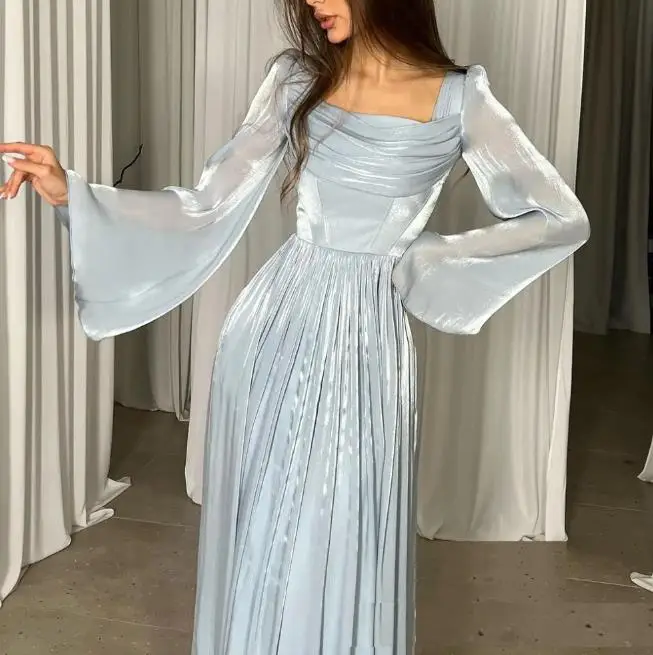 

Womens Dresses Autumn 2025 Minimalist Square Neck Pleated Slim Fit Temperament High Waist Skirt Simple Commuting Elegant Dress